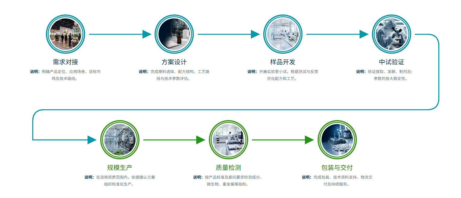 从需求对接、方案设计、样品开发、中试验证到规模生产、质量检测和包装交付的全过程服务